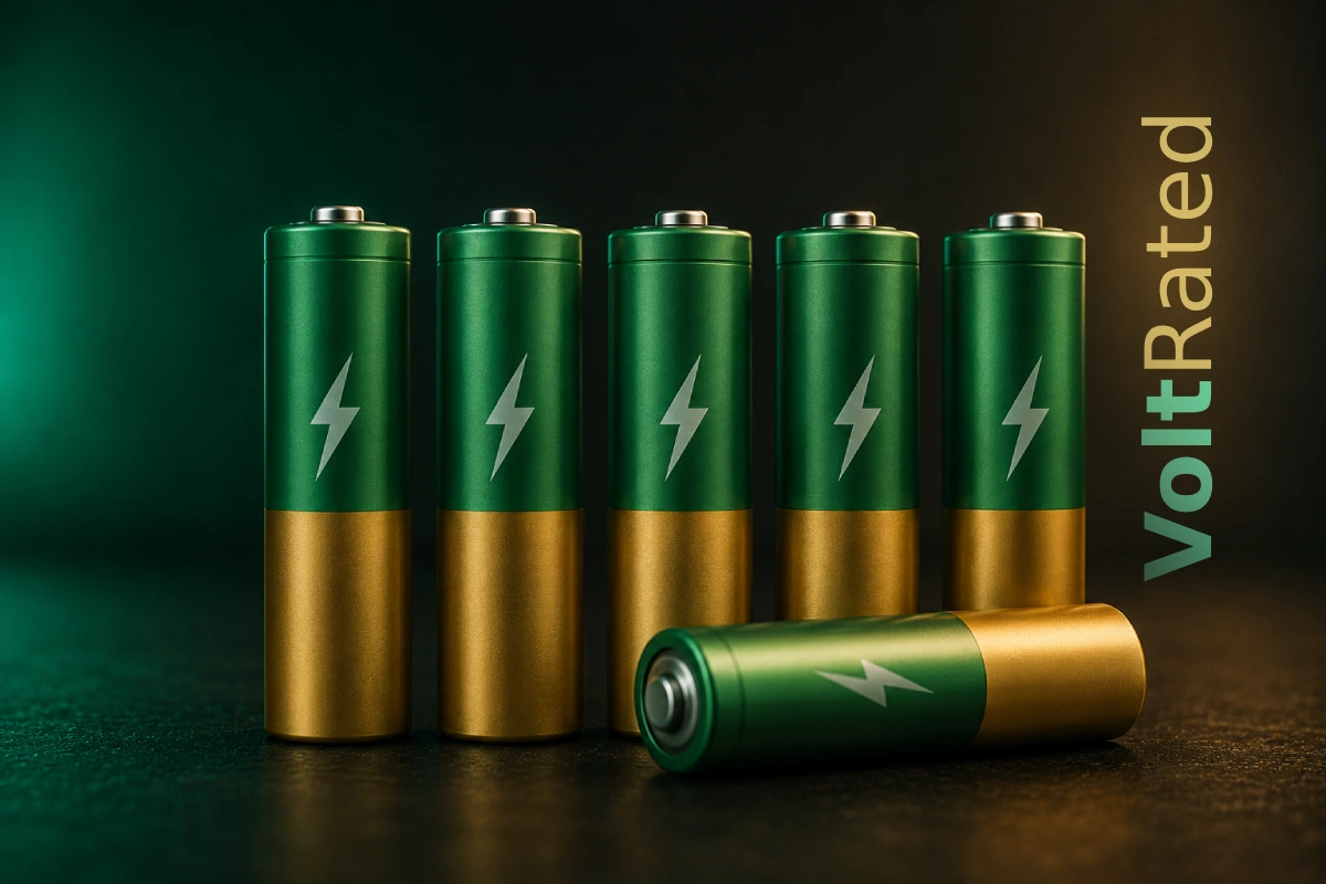Six rechargeable AA cells in green and gold with white lightning-bolt markings, five standing and one lying on its side, lit green from the left against a dark background