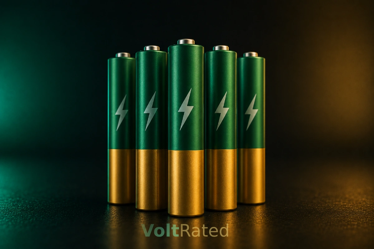 Five slim rechargeable AAA cells in green and gold with white lightning-bolt markings, standing in a fan arrangement on a dark reflective surface lit green and amber