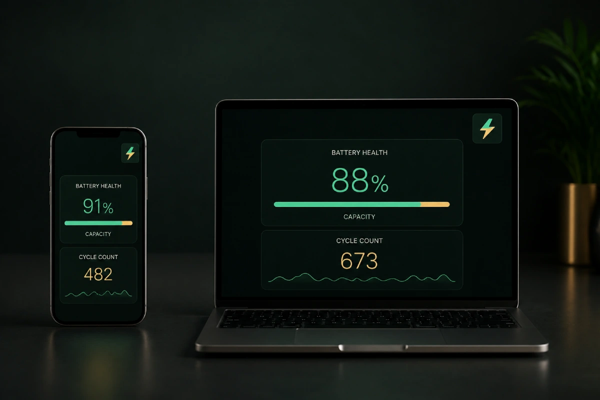 Phone and laptop screens side by side showing battery health settings with a maximum capacity percentage and a cycle count