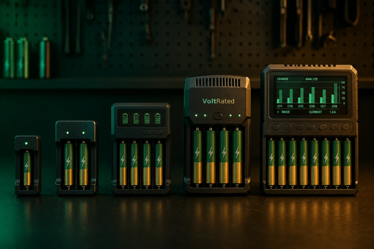 A lineup of AA and Li-ion battery chargers from different brands side by side on a workbench