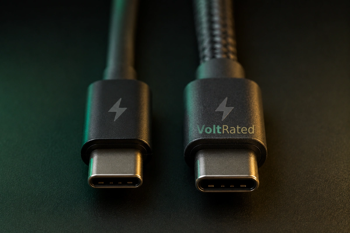 Two USB-C connectors side by side on a dark surface, the left one slim with a smooth cable and the right noticeably thicker with a braided jacket, each shell marked with a white lightning bolt