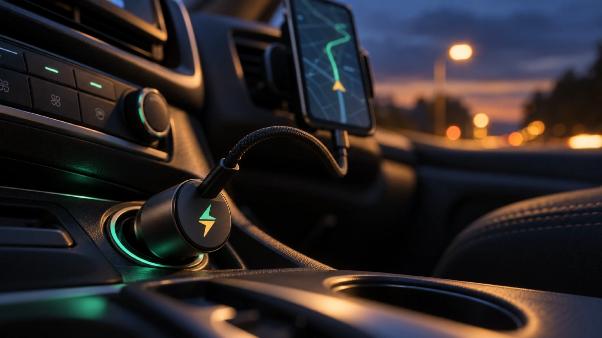 A compact USB-C car charger plugged into a dashboard 12V socket at dusk, a braided cable running from it to a phone in a magnetic mount showing a navigation map