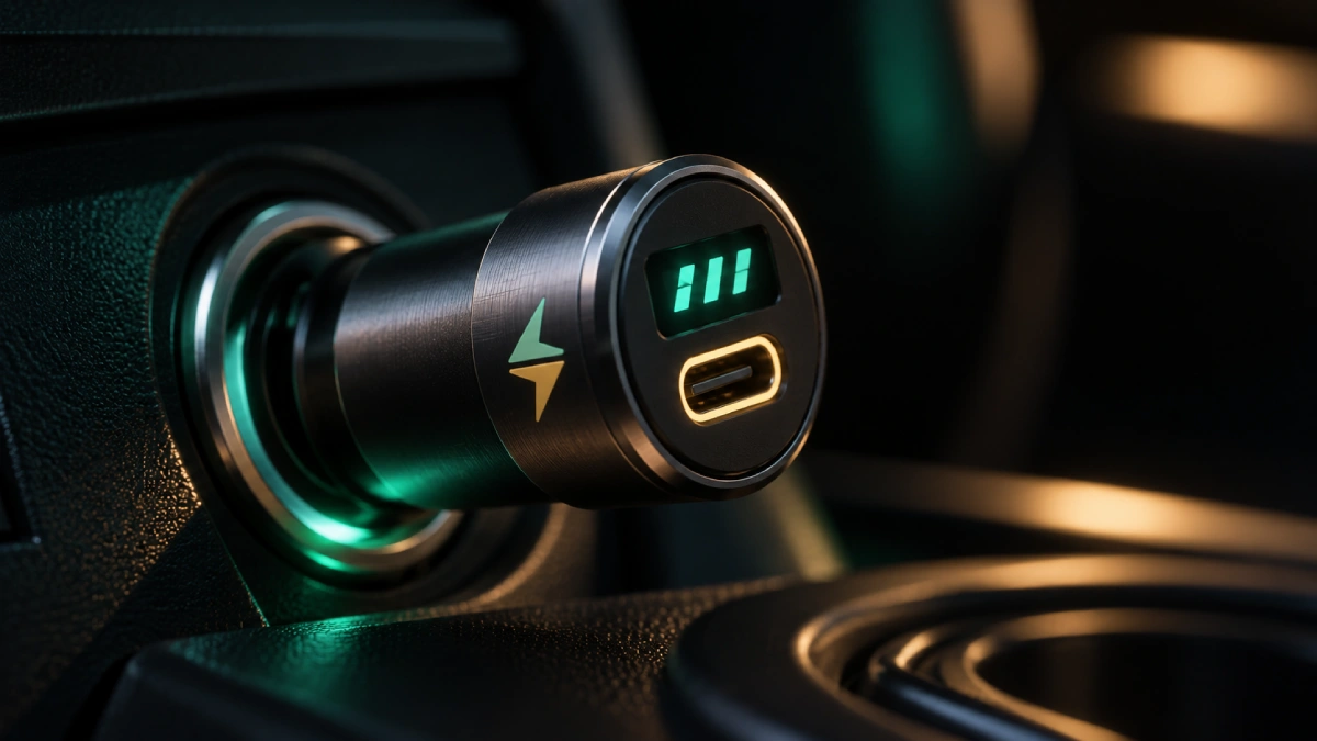 Close-up of a small metal car charger in a 12V socket, its tiny green digital display glowing with abstract digits beside a lit USB-C port