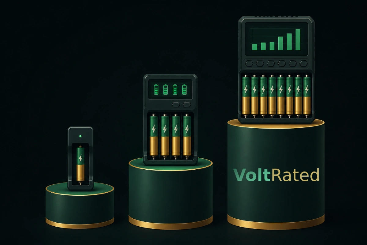 Three tiers of charger brands: household NiMH, enthusiast multi-chemistry, and power-user analyzers