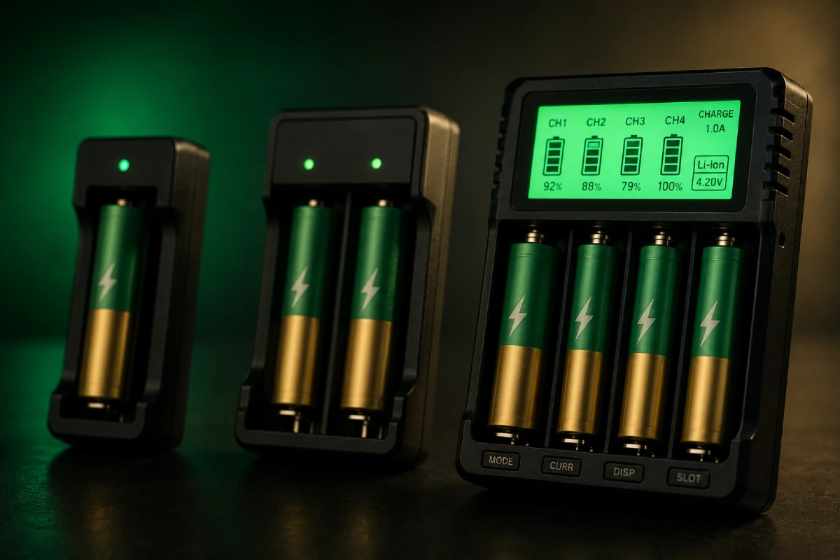 Three battery chargers of increasing sophistication side by side, from a simple LED charger to an LCD analyzing charger