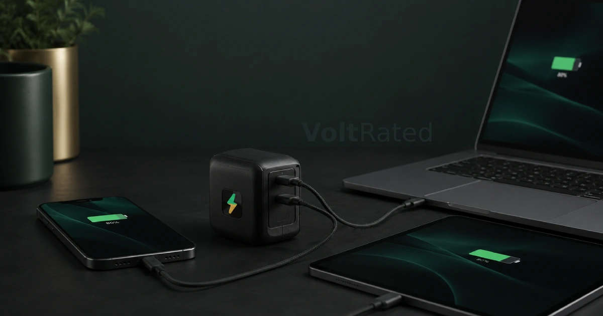A phone, tablet, and laptop charging together on a cool desk with battery levels held around eighty percent