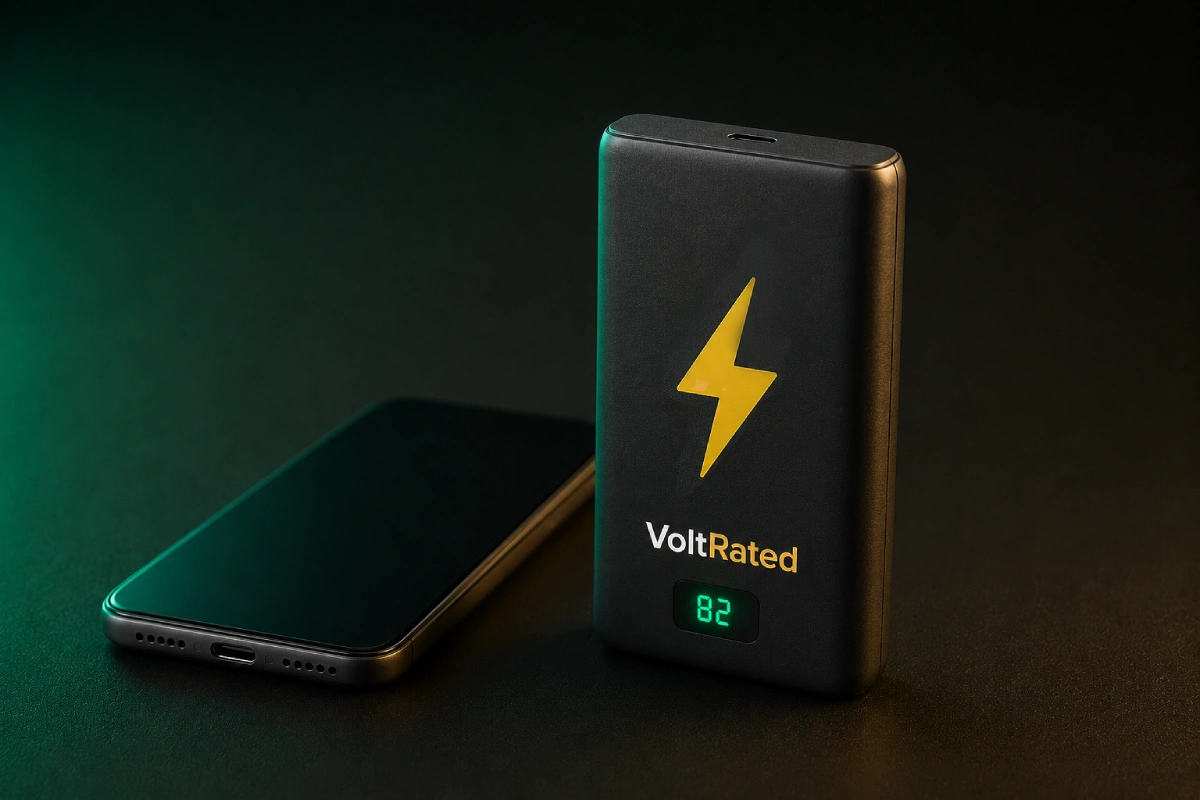A slim matte-charcoal power bank standing on edge beside a phone lying flat for scale, a lightning bolt and the VoltRated wordmark on its face above a small green display reading 82 percent